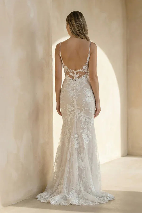 Spaghetti Strap V-Neck Floral Lace Mermaid Wedding Dress