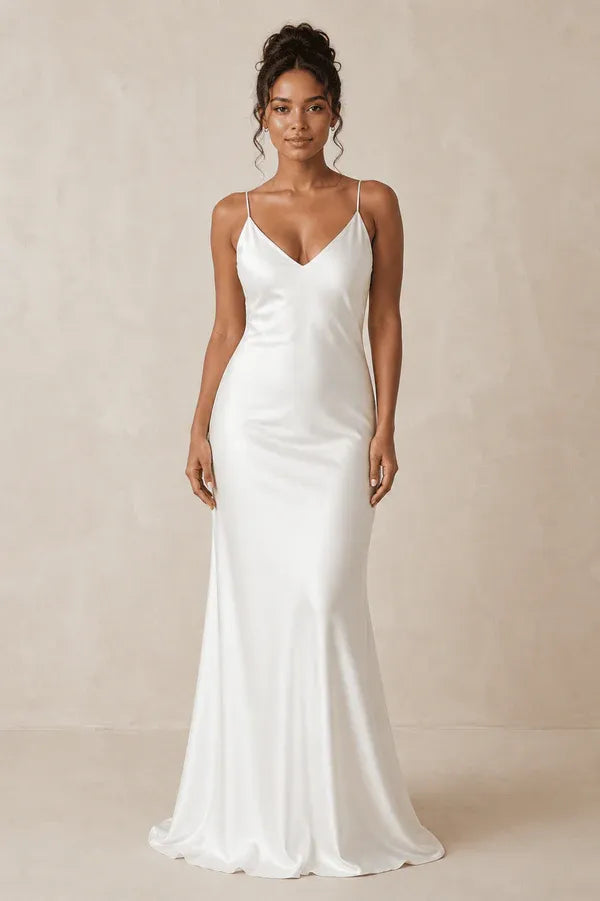 Spaghetti Strap V-Neck Low Back Satin Mermaid Wedding Dress