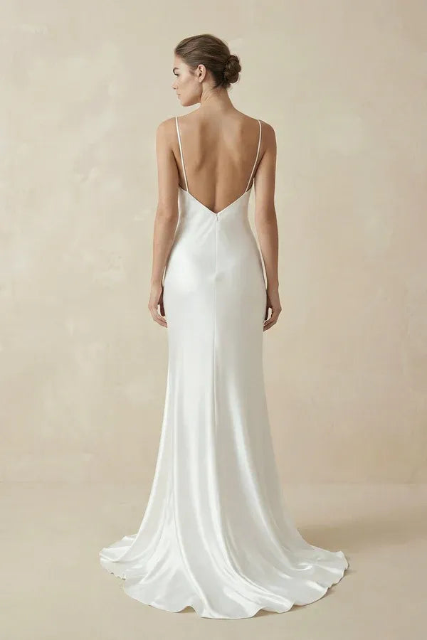 Spaghetti Strap V-Neck Low Back Satin Mermaid Wedding Dress