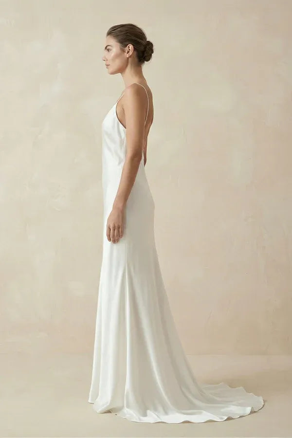 Spaghetti Strap V-Neck Low Back Satin Mermaid Wedding Dress