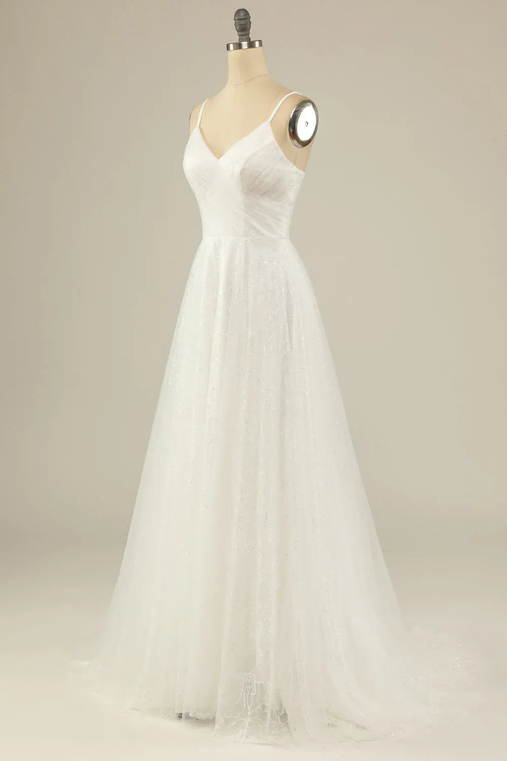 Spaghetti Strap V-Neck Sparkly Tulle A-Line Wedding Dress