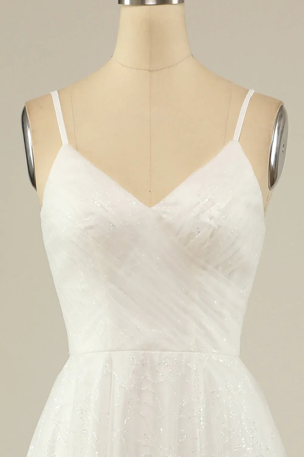 Spaghetti Strap V-Neck Sparkly Tulle A-Line Wedding Dress
