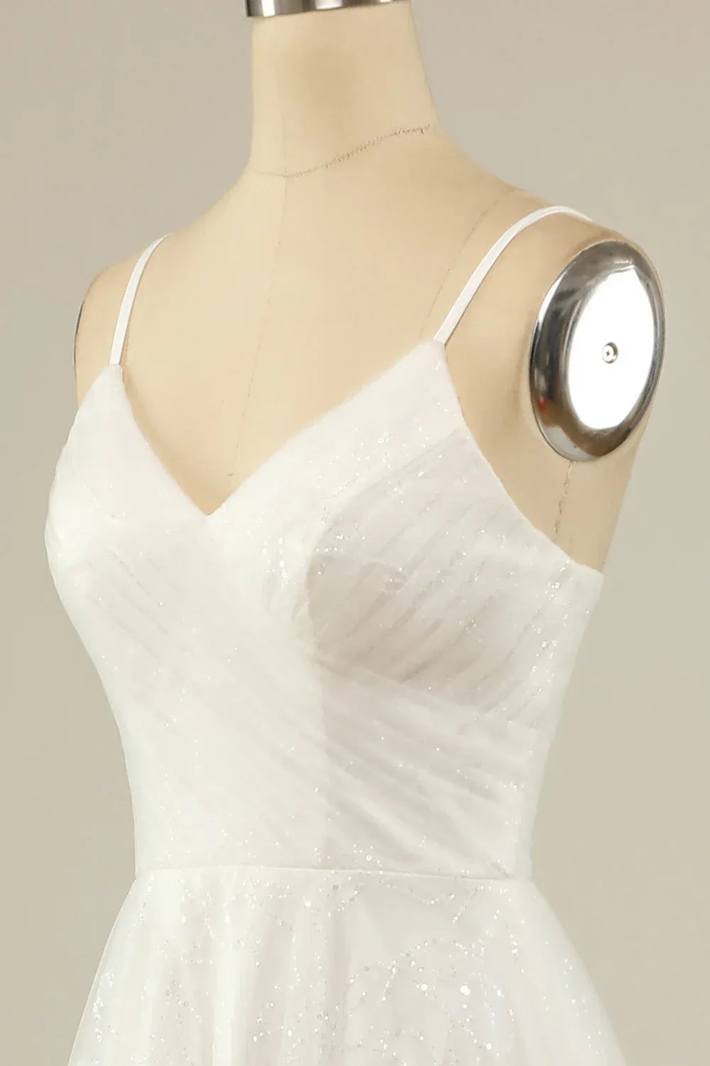 Spaghetti Strap V-Neck Sparkly Tulle A-Line Wedding Dress