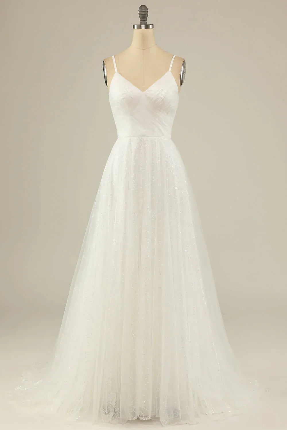 Spaghetti Strap V-Neck Sparkly Tulle A-Line Wedding Dress