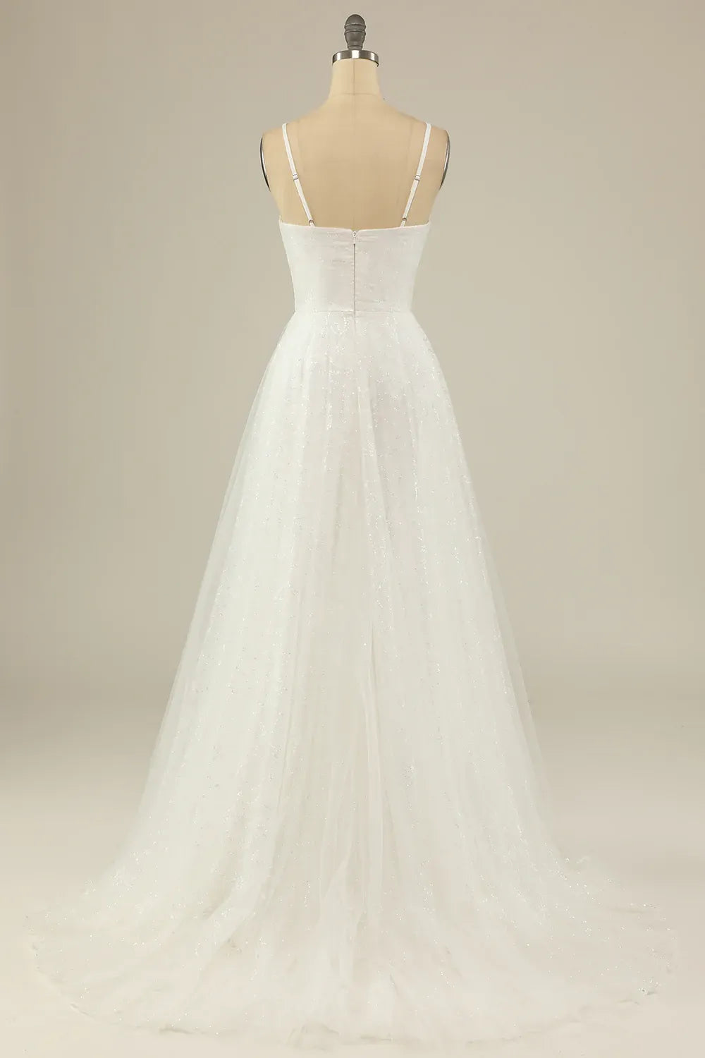 Spaghetti Strap V-Neck Sparkly Tulle A-Line Wedding Dress