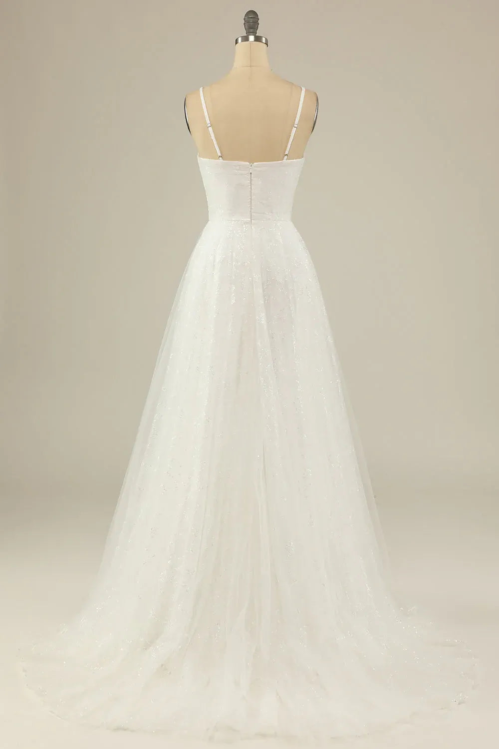Spaghetti Strap V-Neck Sparkly Tulle A-Line Wedding Dress