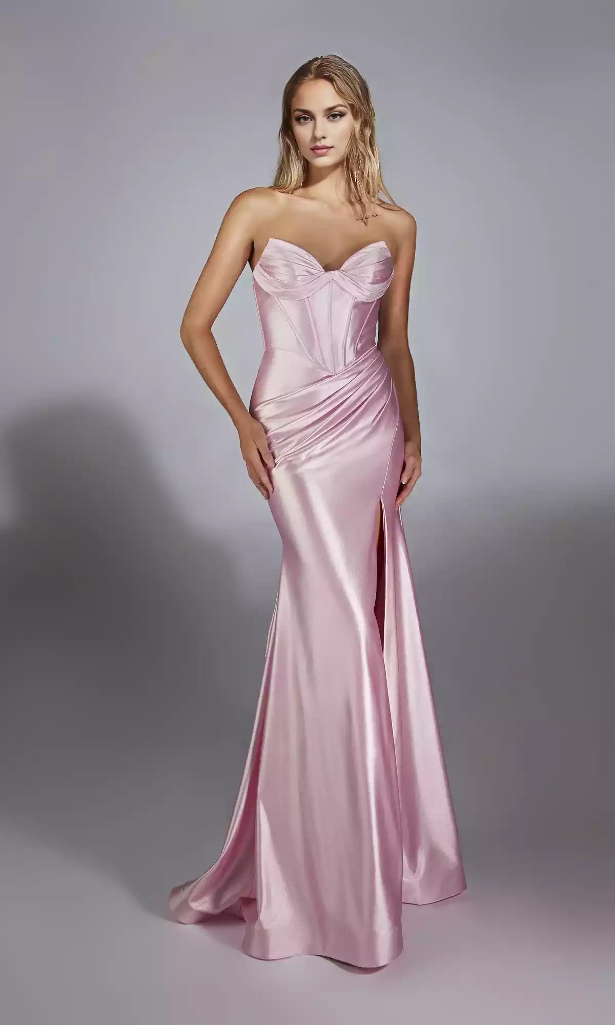 Sparkling strapless long corset with backless design and side slits, trailing Prom Dresses