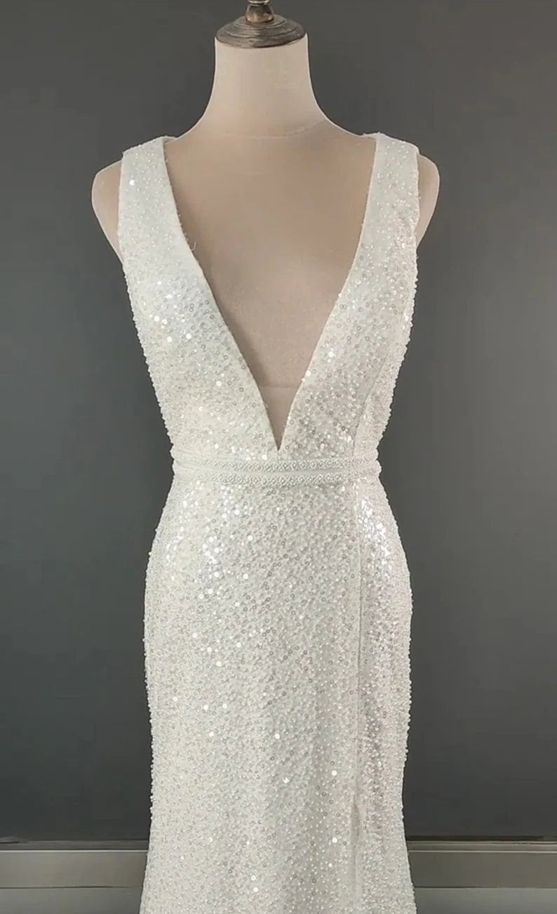 Sparkly Sequin Shiny Long V-Neck Wedding Dresses Charming Modest Bride Dresses