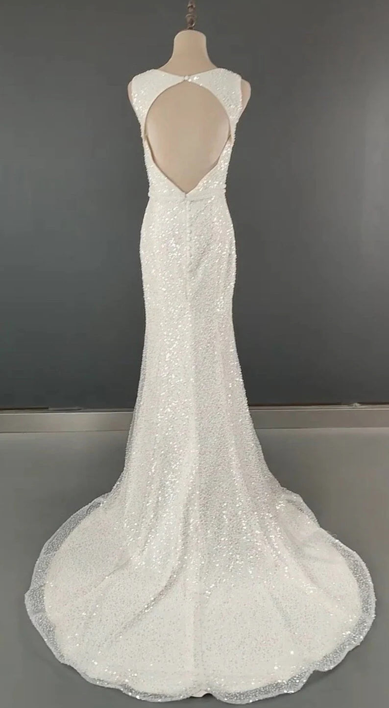 Sparkly Sequin Shiny Long V-Neck Wedding Dresses Charming Modest Bride Dresses