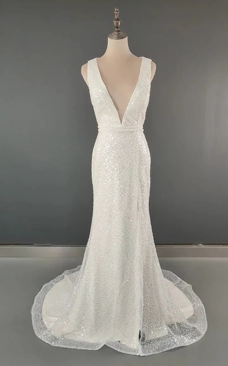 Sparkly Sequin Shiny Long V-Neck Wedding Dresses Charming Modest Bride Dresses