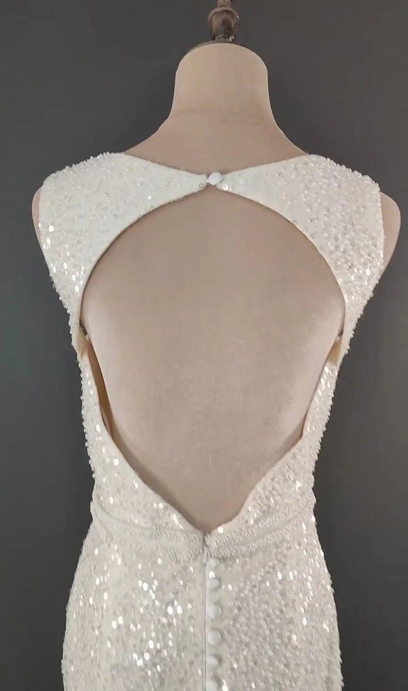 Sparkly Sequin Shiny Long V-Neck Wedding Dresses Charming Modest Bride Dresses