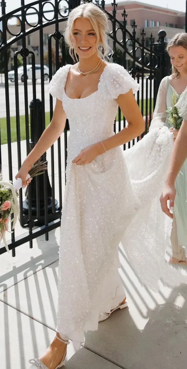 Square Neck Cap Sleeve Sequin Lace Wedding Dress with Pockets and Train