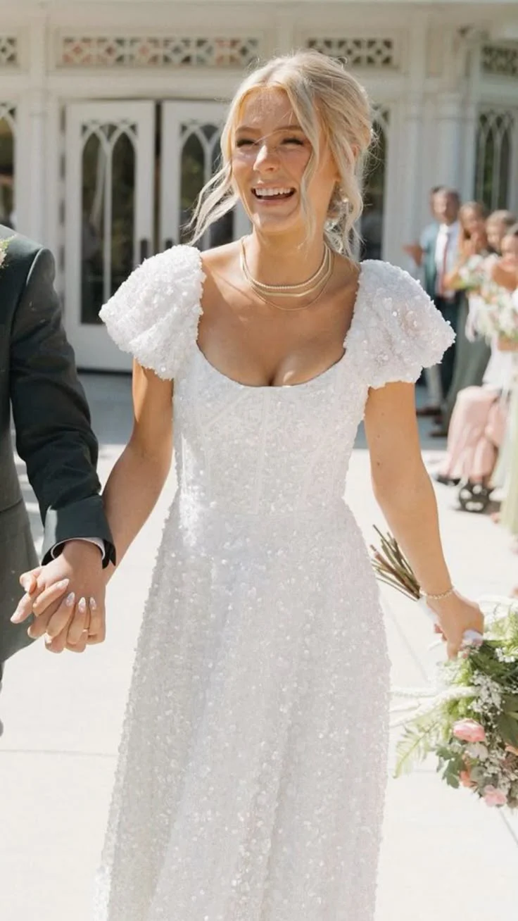 Square Neck Cap Sleeve Sequin Lace Wedding Dress with Pockets and Train
