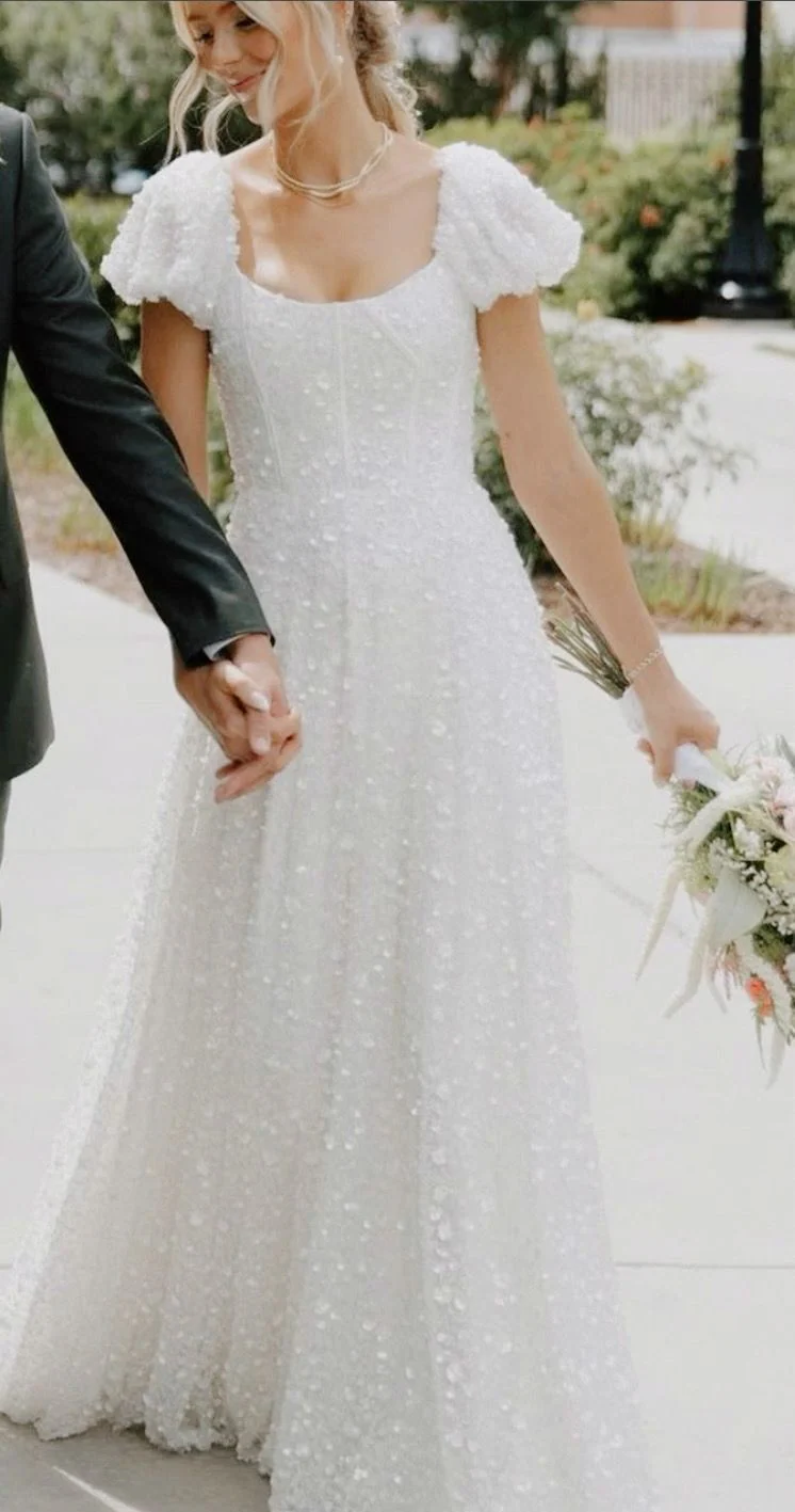 Square Neck Cap Sleeve Sequin Lace Wedding Dress with Pockets and Train