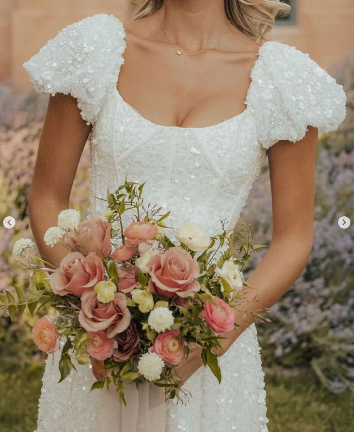 Square Neck Cap Sleeve Sequin Lace Wedding Dress with Pockets and Train