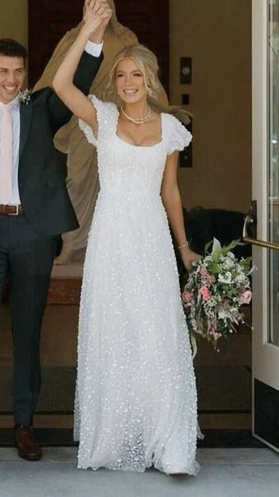 Square Neck Cap Sleeve Sequin Lace Wedding Dress with Pockets and Train
