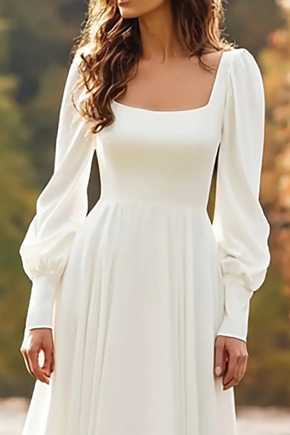 Square Neck Chiffon A-Line Wedding Dress with Puff Long Sleeves - Minimalist Bridal Gown