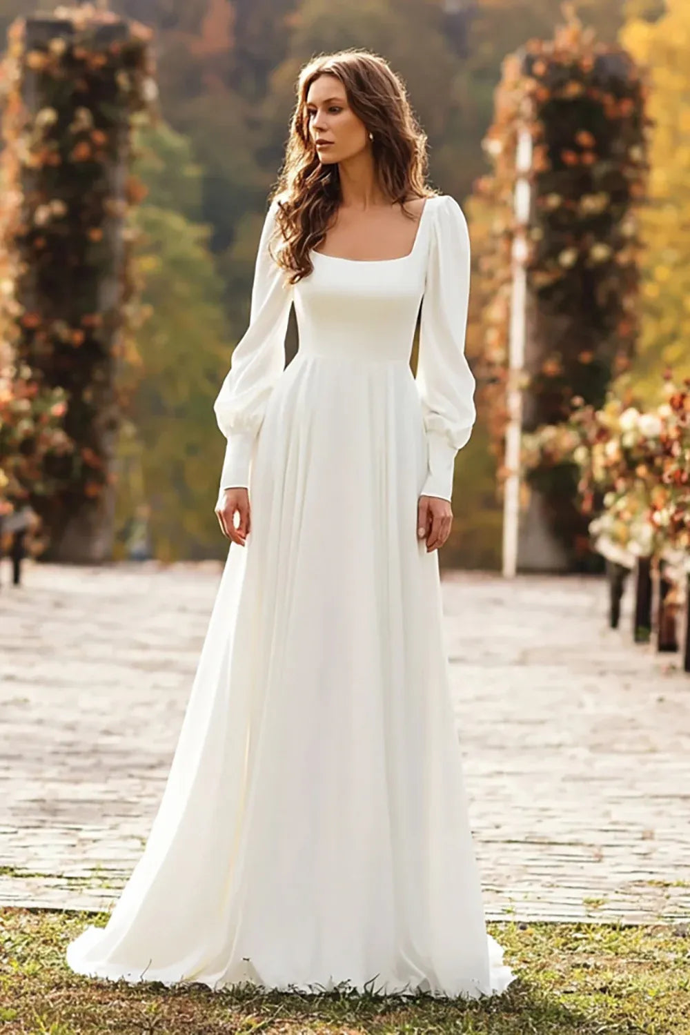 Square Neck Chiffon A-Line Wedding Dress with Puff Long Sleeves - Minimalist Bridal Gown
