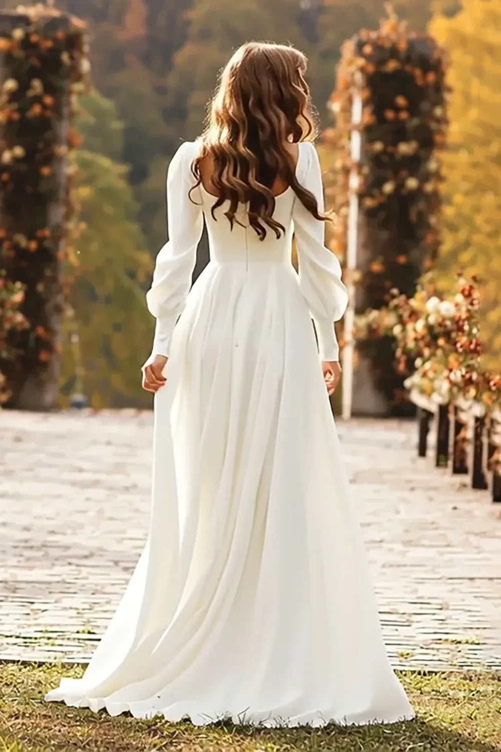Square Neck Chiffon A-Line Wedding Dress with Puff Long Sleeves - Minimalist Bridal Gown