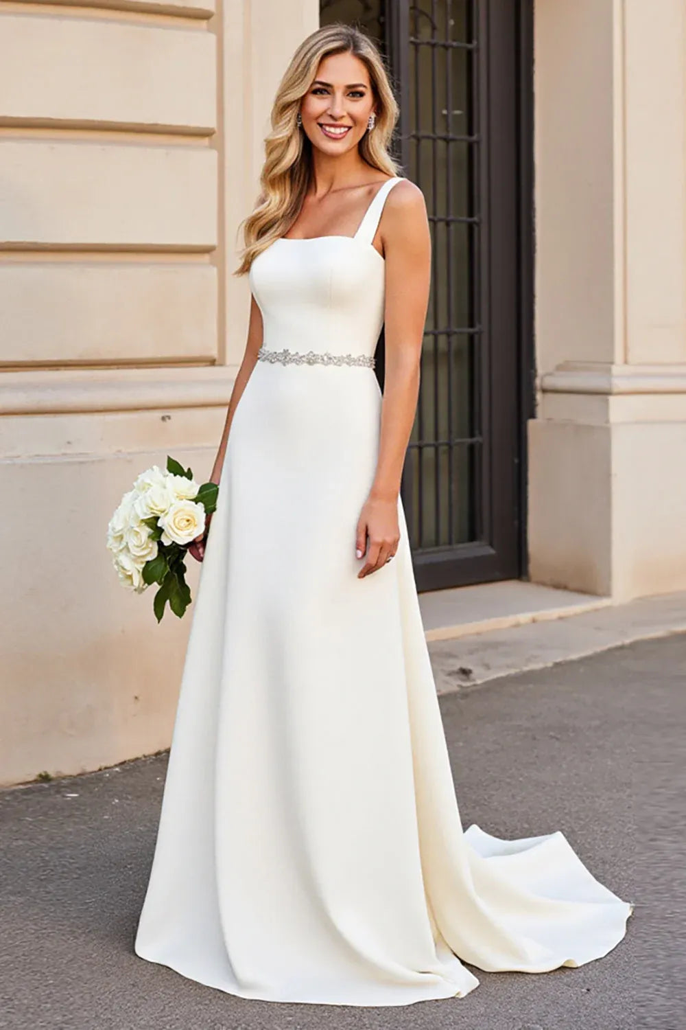 Square Neck Crepe A-Line Wedding Dress with Beaded Waist