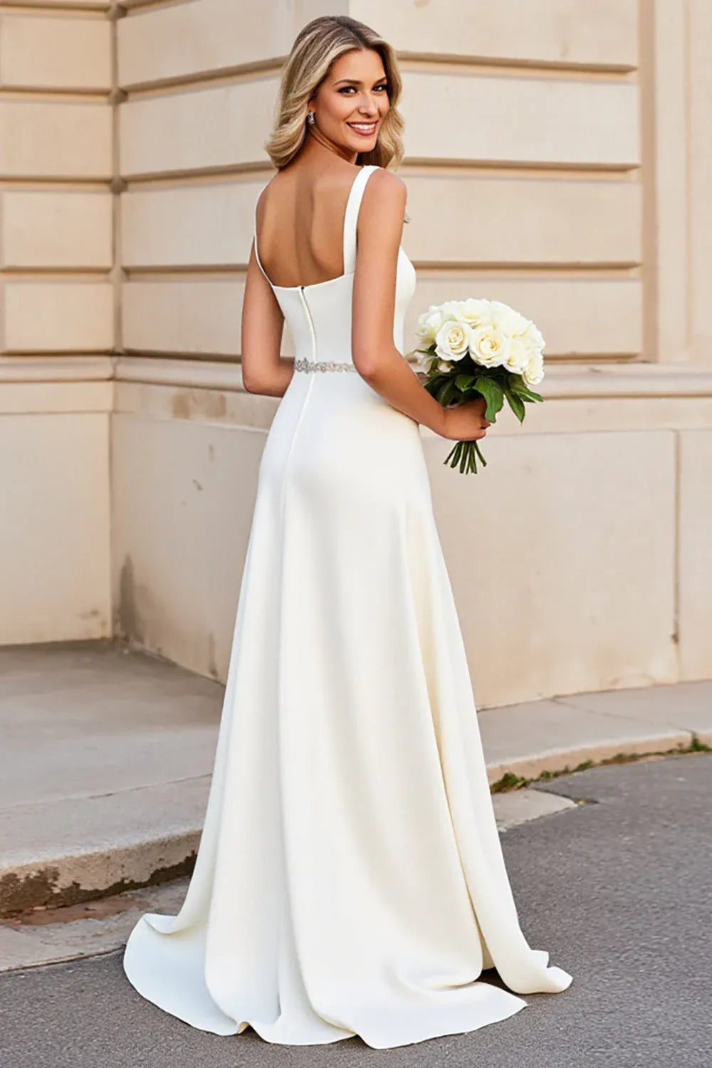 Square Neck Crepe A-Line Wedding Dress with Beaded Waist