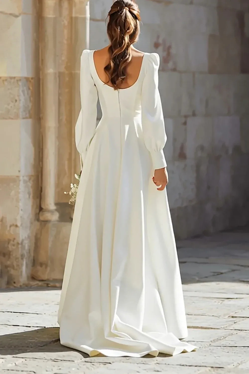 Square Neck Crepe A-Line Wedding Dress with Puff Long Sleeves - Elegant Bridal Gown