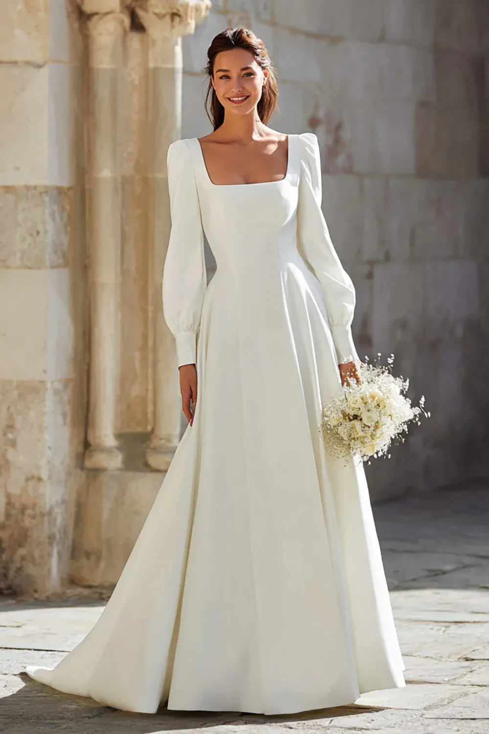 Square Neck Crepe A-Line Wedding Dress with Puff Long Sleeves - Elegant Bridal Gown