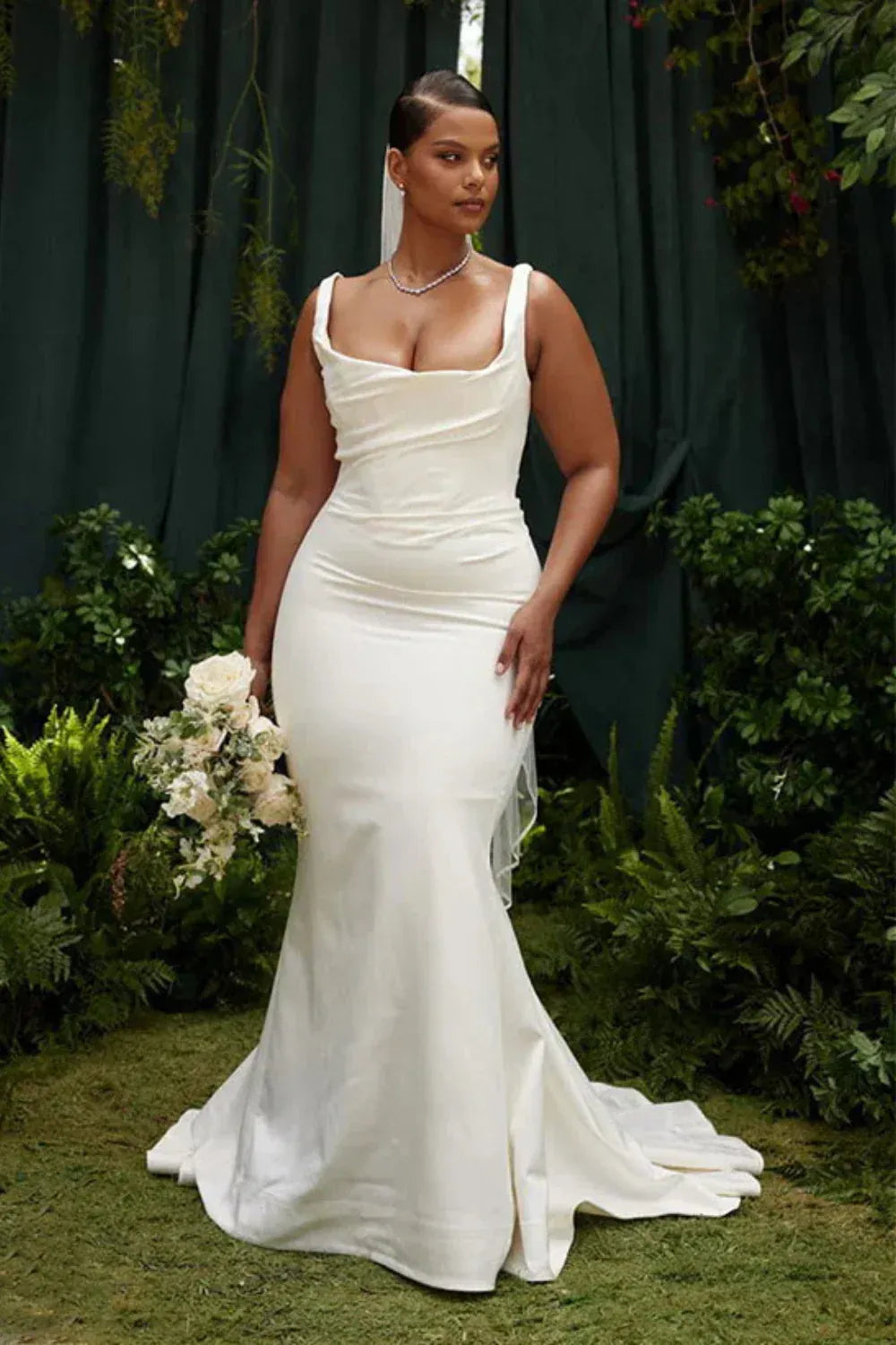 Square Neck Crepe Mermaid Wedding Dress with Corset Back & Train - Plus Size Bridal Gown