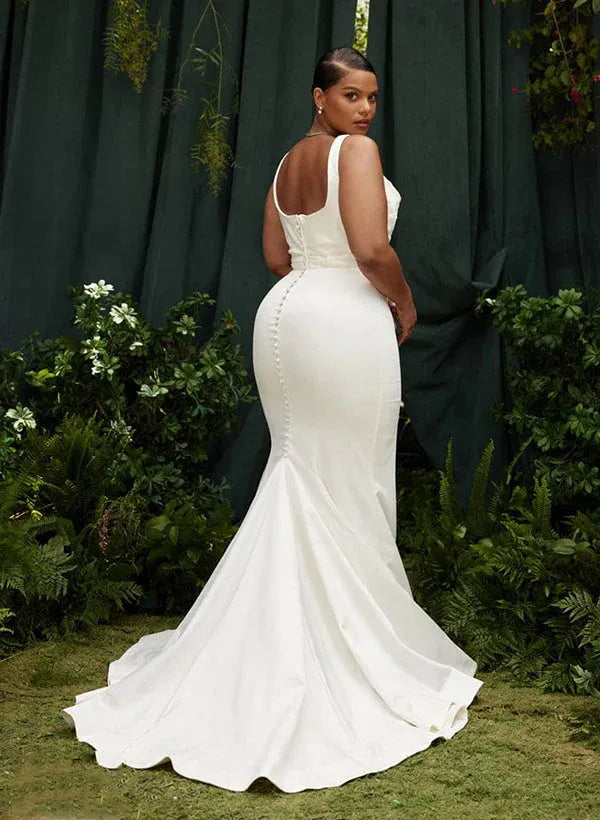 Square Neck Crepe Mermaid Wedding Dress with Corset Back & Train - Plus Size Bridal Gown