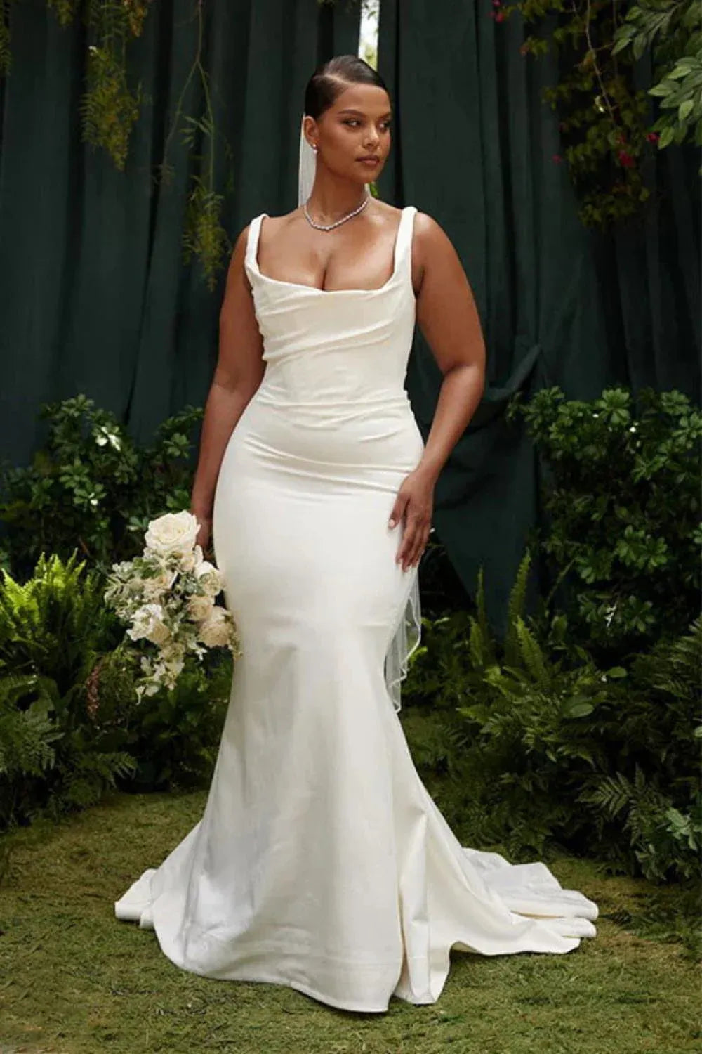 Square Neck Crepe Mermaid Wedding Dress with Corset Back & Train - Plus Size Bridal Gown