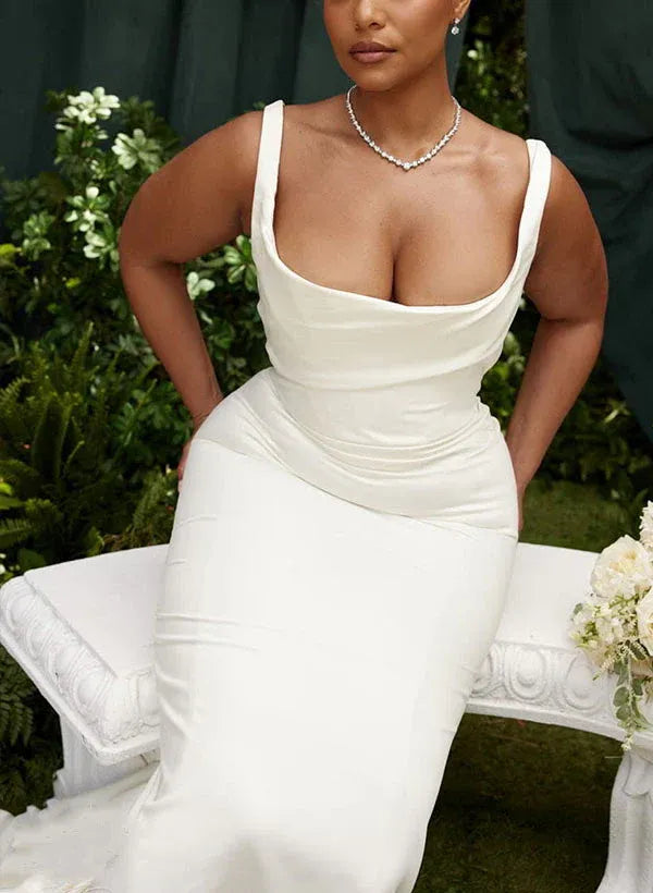 Square Neck Crepe Mermaid Wedding Dress with Corset Back & Train - Plus Size Bridal Gown