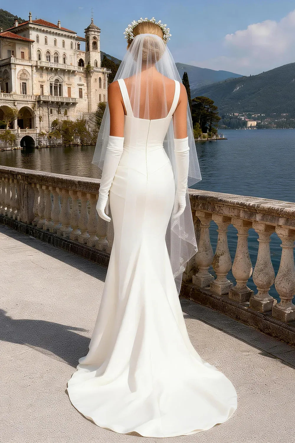 Square Neck Crepe Mermaid Wedding Dress with Long Gloves