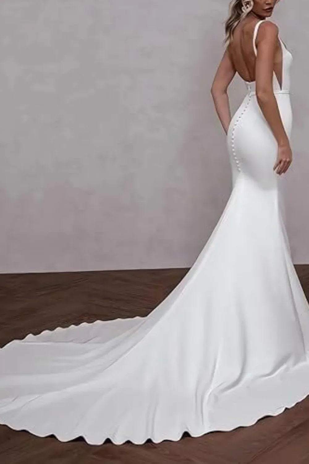 Square Neck Crepe Mermaid Wedding Dress with Low Back & Buttons - Modern Bridal Gown