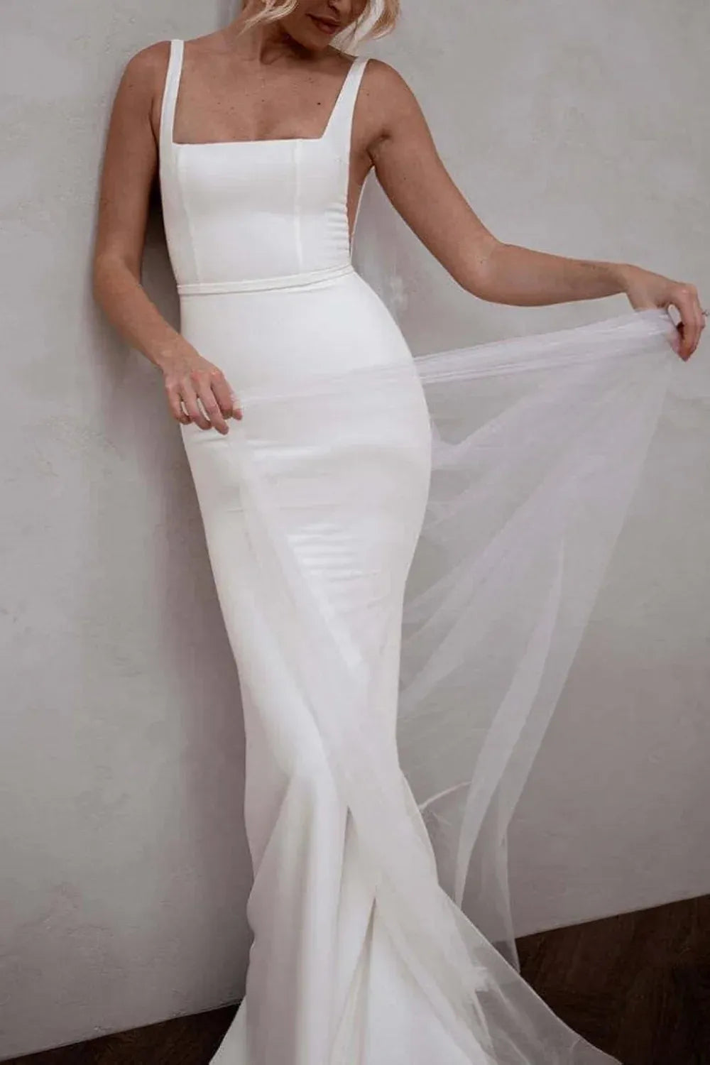 Square Neck Crepe Mermaid Wedding Dress with Low Back & Buttons - Modern Bridal Gown