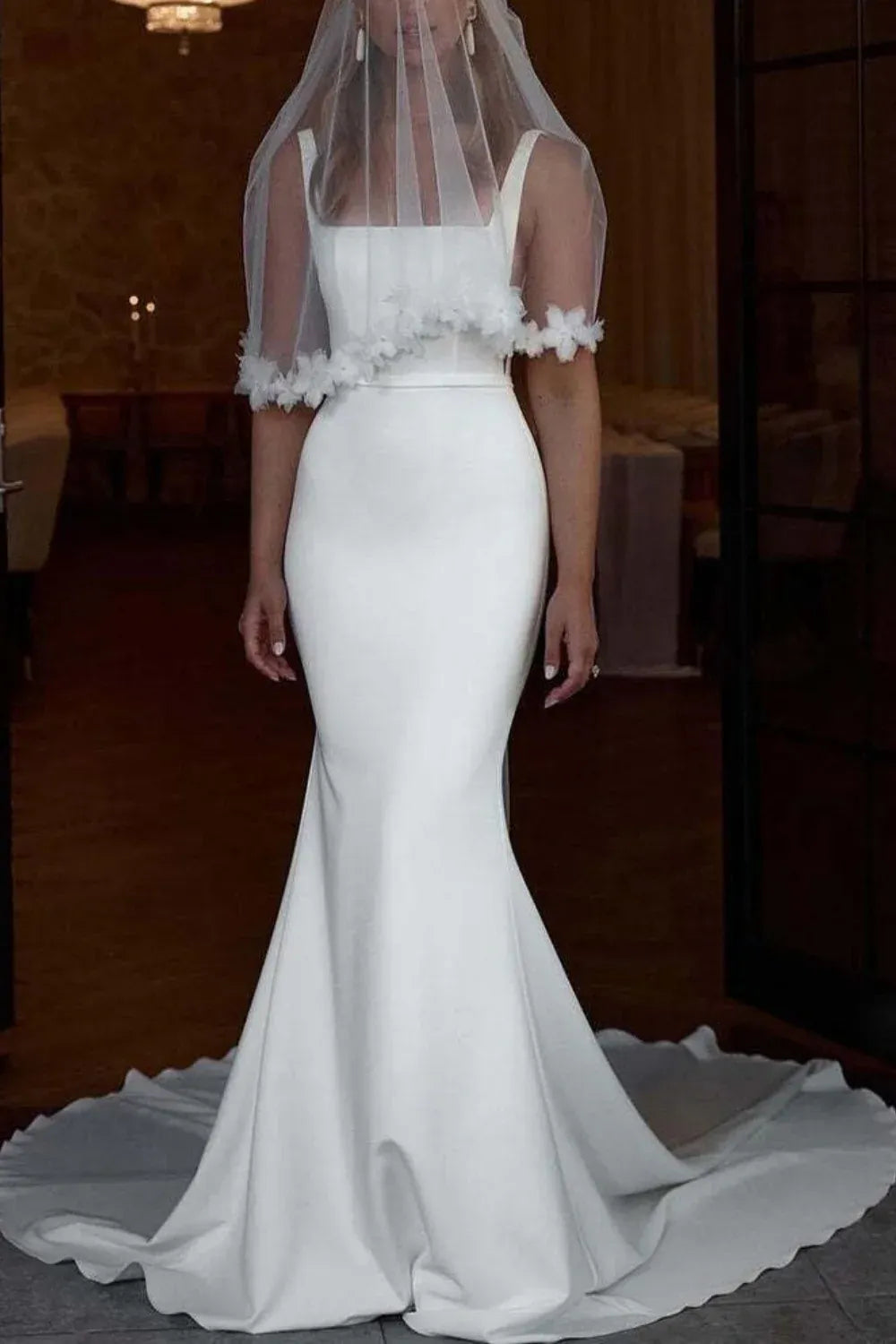 Square Neck Crepe Mermaid Wedding Dress with Low Back & Buttons - Modern Bridal Gown