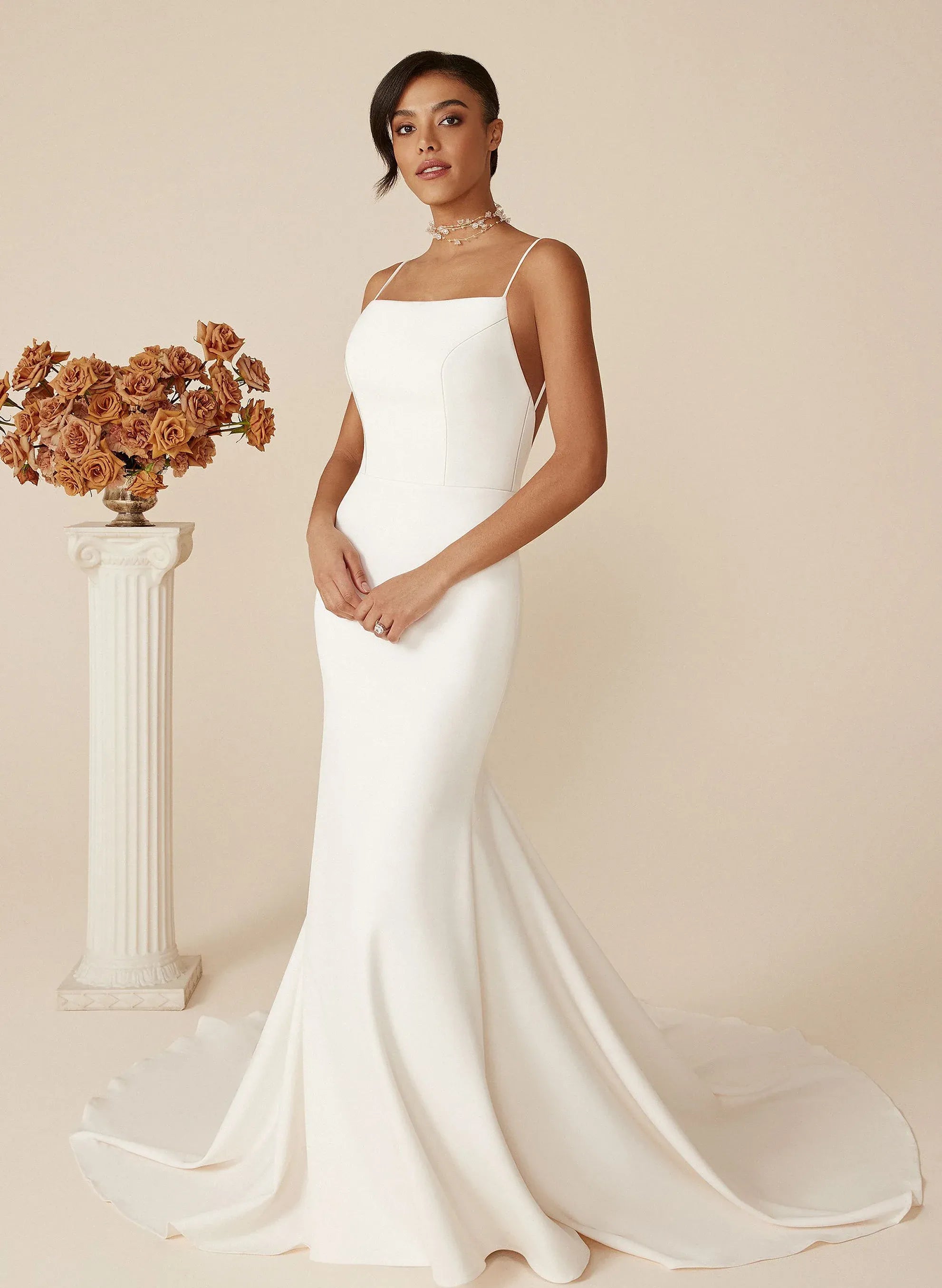 Square Neck Crepe Mermaid Wedding Dress with Open Back & Buttons - Minimalist Bridal Gown