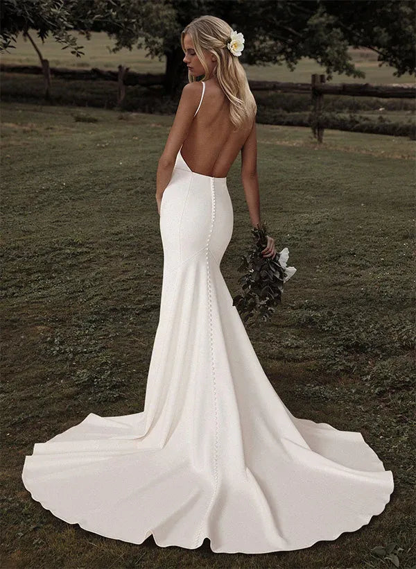 Square Neck Crepe Mermaid Wedding Dress with Open Back & Buttons - Minimalist Bridal Gown
