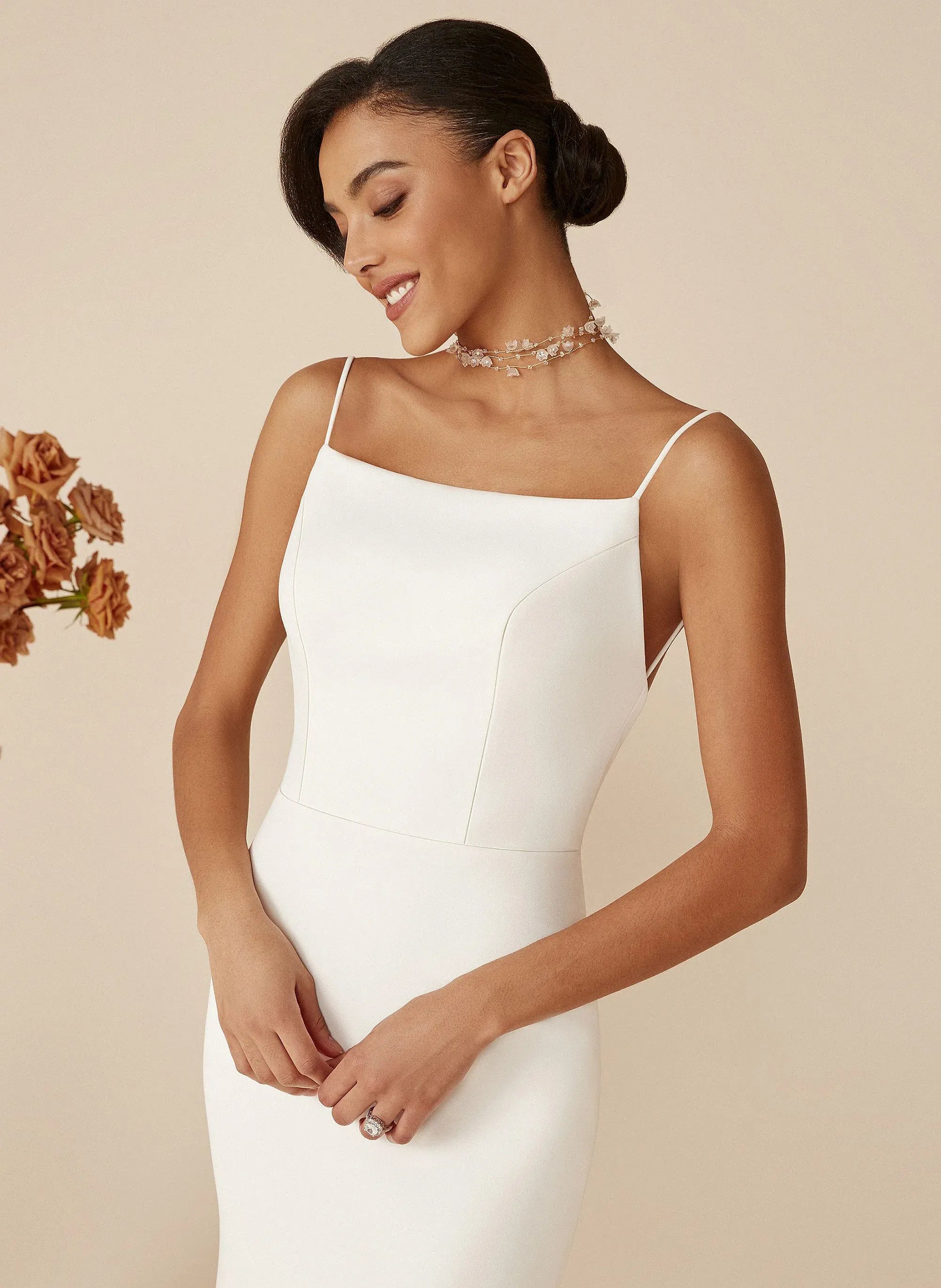 Square Neck Crepe Mermaid Wedding Dress with Open Back & Buttons - Minimalist Bridal Gown