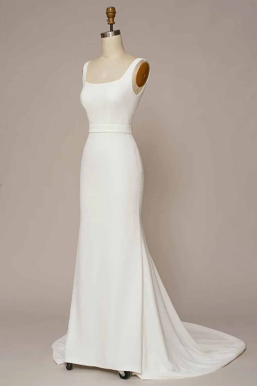 Square Neck Crepe Mermaid Wedding Dress with V-Back and Buttons - Minimalist Bridal Gown