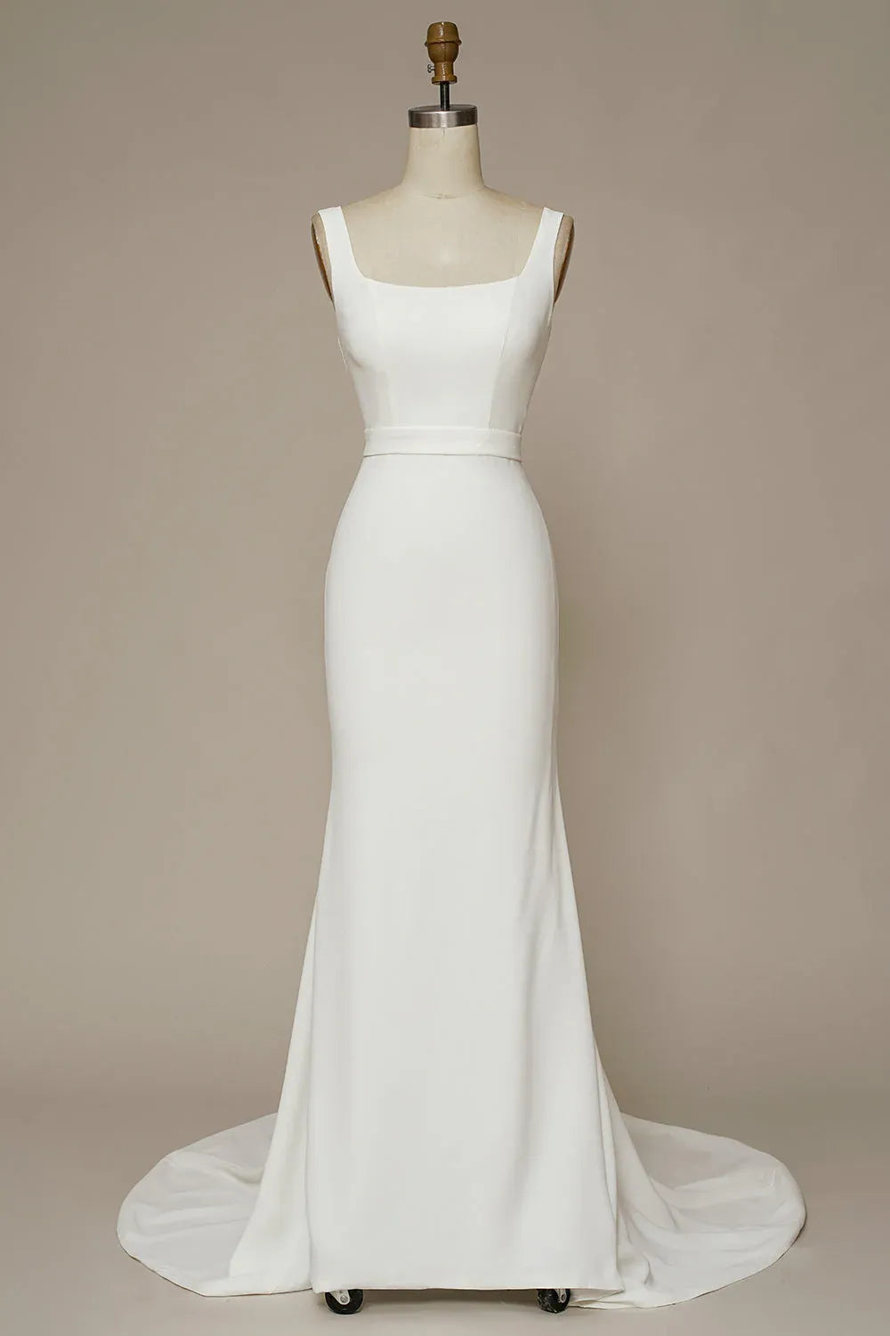 Square Neck Crepe Mermaid Wedding Dress with V-Back and Buttons - Minimalist Bridal Gown