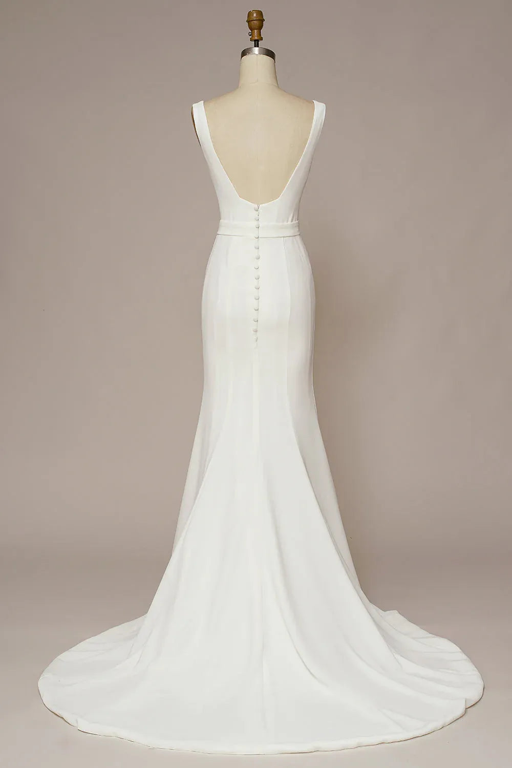 Square Neck Crepe Mermaid Wedding Dress with V-Back and Buttons - Minimalist Bridal Gown