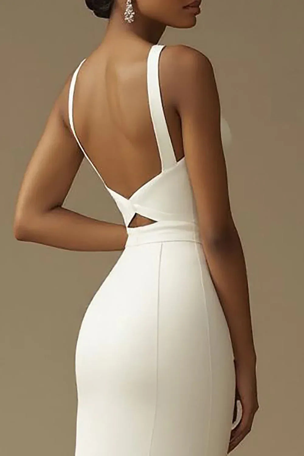 Square Neck Crepe Mermaid Wedding Dress with Waist Cutout and Slit - Modern Bridal Gown