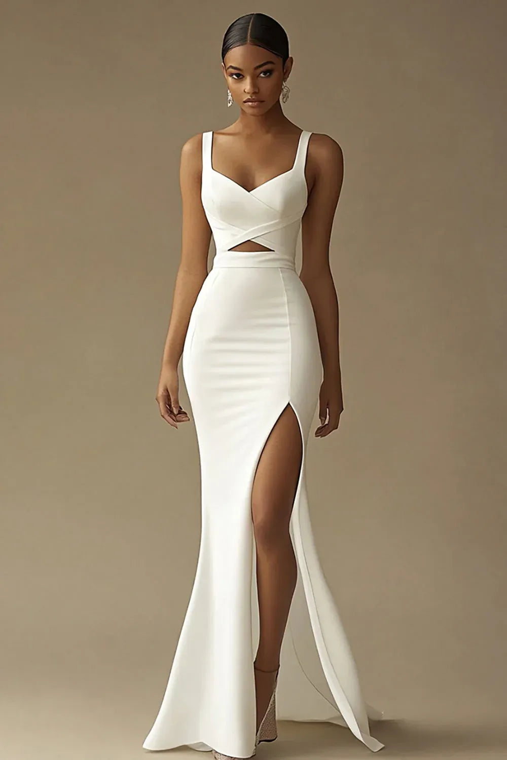 Square Neck Crepe Mermaid Wedding Dress with Waist Cutout and Slit - Modern Bridal Gown