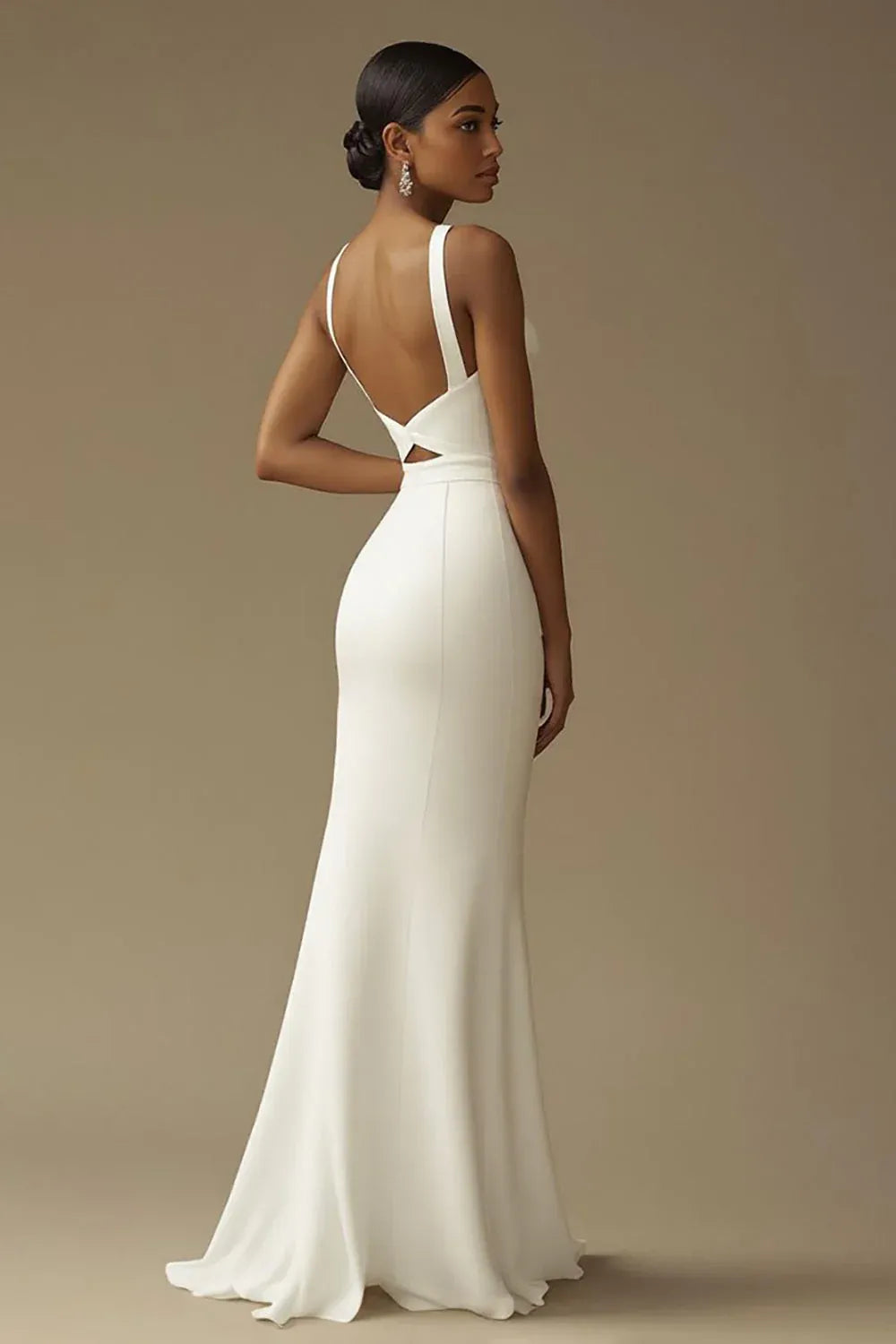 Square Neck Crepe Mermaid Wedding Dress with Waist Cutout and Slit - Modern Bridal Gown
