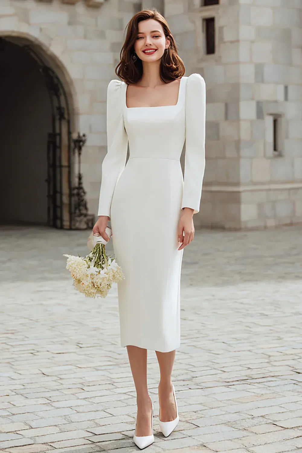 Square Neck Crepe Midi Wedding Dress with Long Sleeves and Puffed Shoulders - Modern Bridal Gown