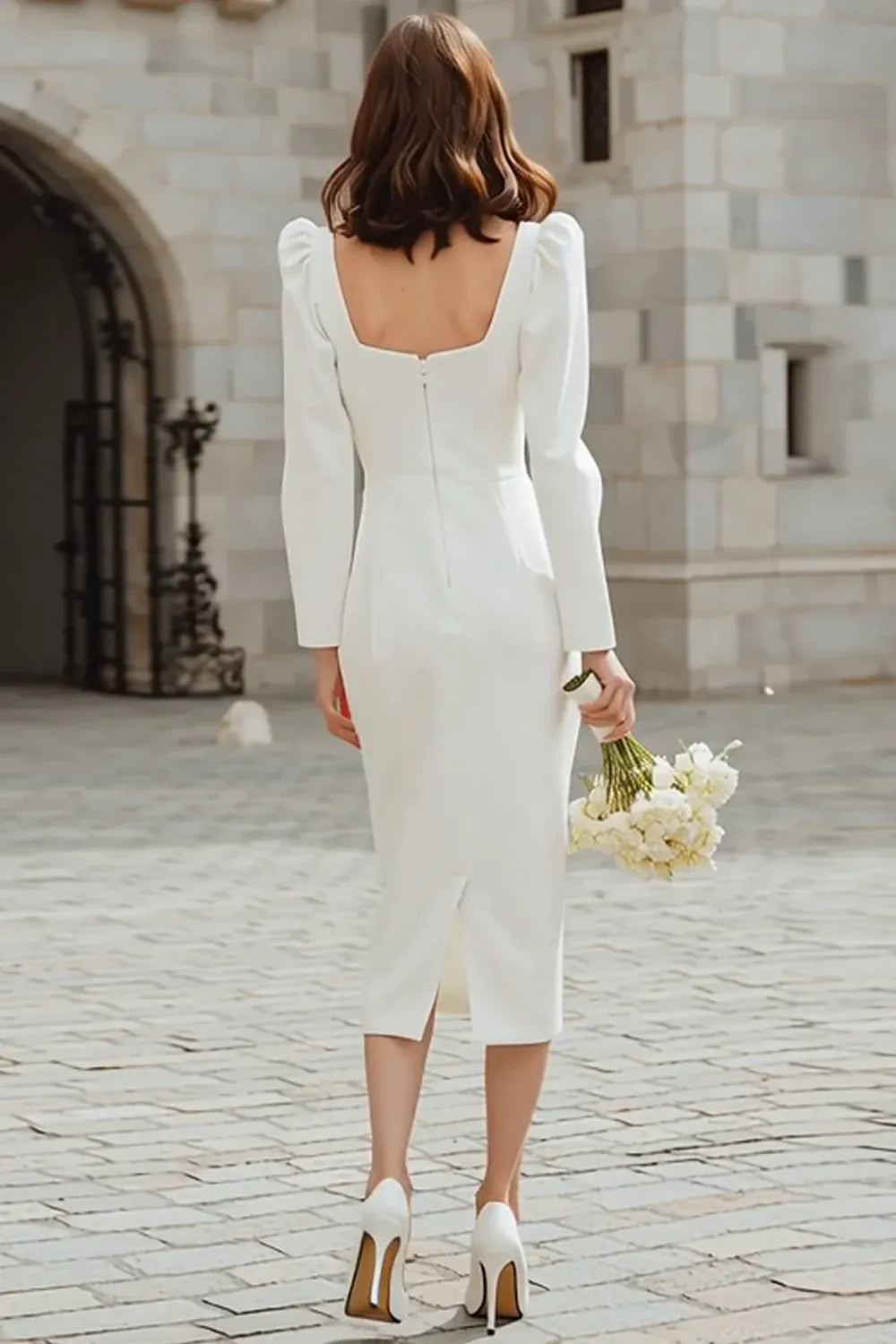 Square Neck Crepe Midi Wedding Dress with Long Sleeves and Puffed Shoulders - Modern Bridal Gown