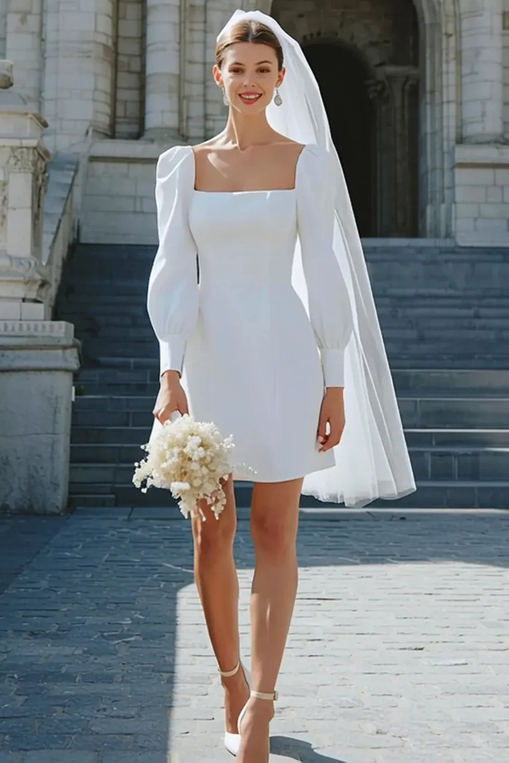 Square Neck Crepe Mini Wedding Dress with Puff Long Sleeves - Modern Bridal Gown