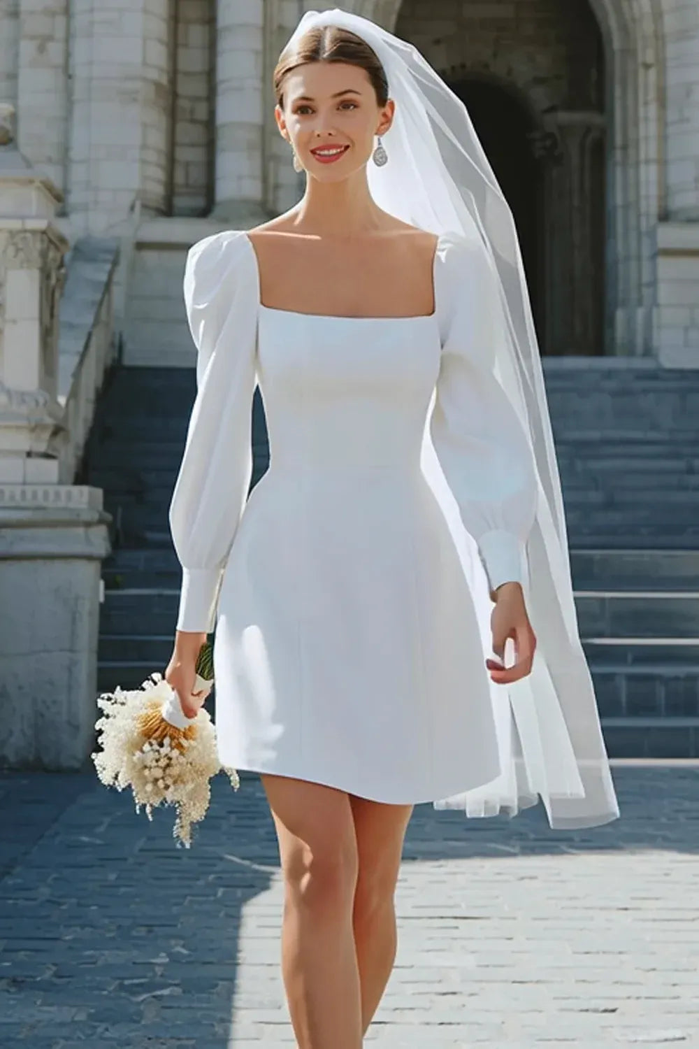 Square Neck Crepe Mini Wedding Dress with Puff Long Sleeves - Modern Bridal Gown