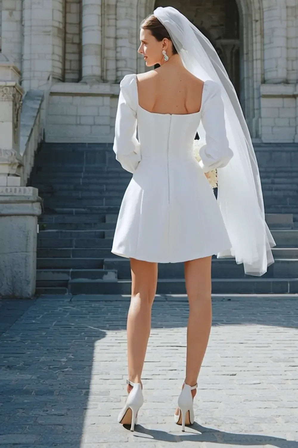 Square Neck Crepe Mini Wedding Dress with Puff Long Sleeves - Modern Bridal Gown