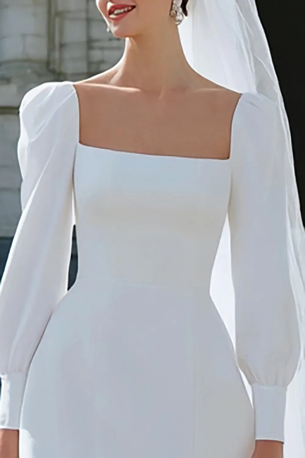Square Neck Crepe Mini Wedding Dress with Puff Long Sleeves - Modern Bridal Gown